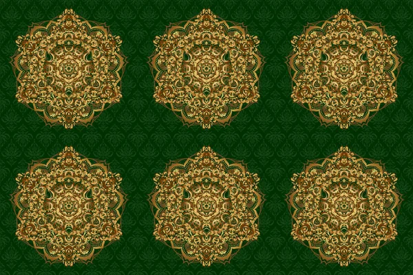 Islam, Arabic, Indian, Turkish, Pakistan. Gold Over green. Vintage Gold Pattern. Christmas Card Mandala Design. Invitation Card, Scrapbooking. Decorative Indian Round Mandala on green background.