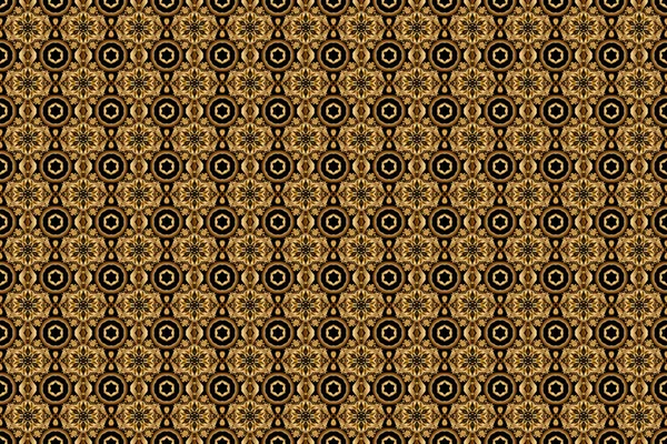 Universal raster pattern for wallpapers, textile, fabric, wrapping paper, packaging box etc. Seamless pattern with golden elements for design in retro style. Vintage pattern on black background.