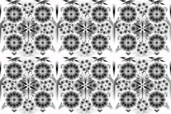 Vintage gray, white and black and silver pattern. Oriental raster classic pattern. Abstract seamless pattern with silver repeating elements on gray, white and black background.