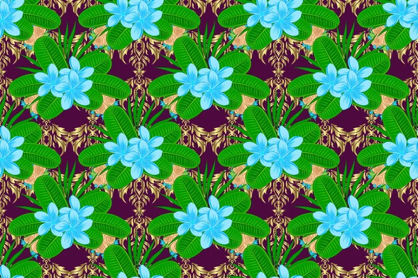 Seamless Background Pattern Decorative Plumeria Flowers Leaves Green Purple Blue — Stock Photo, Image