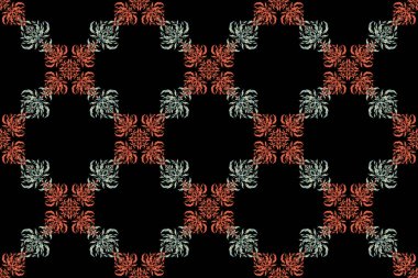 Motley dekorasyonları. Lüks turuncu, mavi ve bej renksiz yıldızlar. Siyah bir arka planda yıldız deseni, turuncu, mavi ve bej renkli bir süs. Raster pürüzsüz arkaplan.