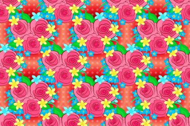 Dekorasyon ya da tasarım için güzel desen. Gül çiçekleri ve yapraklarla klasik tarzda zarif bir desen. Kırmızı, pembe ve mavi renkli moda baskı. Gül ve yeşil yapraklı pürüzsüz desen.