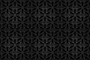 Siyah ve beyaz renkli yıldız desenleri ve klasik süsler. Karmaşık yıldızlı lüks, kusursuz bir desen. Çok renkli dekorasyonlar. Raster pürüzsüz arkaplan.