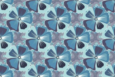 Raster illüstrasyonu. Sevimli kozmos çiçekleri mavi ve gri renklerle kusursuz desen.