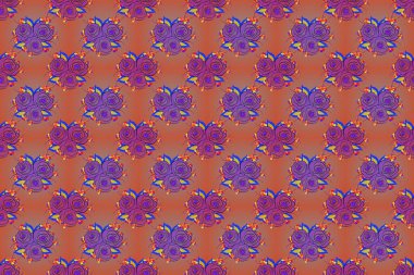 Çiçeksiz desen kırmızı, mor ve pembe renklerde. Dikensiz gül çiçekli kumaş deseni. Raster illüstrasyonu. Çok renkli gül çiçeklerinin çiçek deseni.