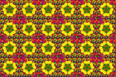 Soyut etnik raster kusursuz desen. Kabile sanatı boho baskısı, klasik yeşil, sarı ve kırmızı çiçek arka planı. Arkaplan dokusu, duvar kağıdı, çiçek teması.