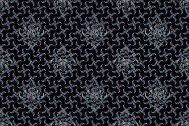 Siyah arka planda mavi ve bej elementli desen. Klasik dikişsiz doku. Zengin kartı karşılamak için kullanılabilir. Siyah arkaplanda Raster aromalı süs.