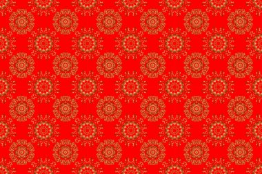 Kırmızı zemin üzerinde altın şebeke olan kusursuz desen. Raster kare kompozisyonu ve altın antika süsü..