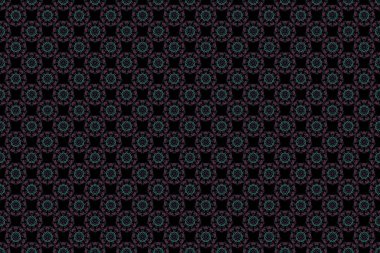 Raster kusursuz bir geçmişi var. Renkli desenler antika. Siyah bir arkaplanda mor, mavi ve pembe renkte çiçek süsü.