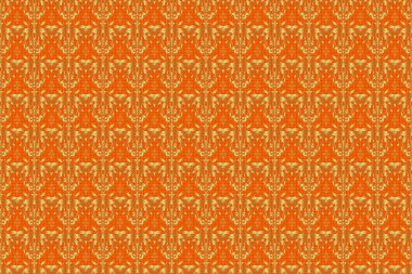 Turuncu arkaplanlı dekoratif altın elementler. Dekorasyon, kumaş veya tekstil için klasik dikişsiz desen.