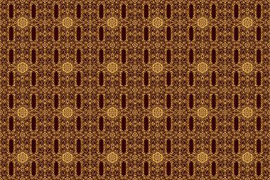 Şatafatlı çiçeksiz desen, düğme desenli doku, eski tarz dekoratif elementler. Raster illüstrasyonu. Altın yıldızlı zarif altın süs, süslü kahverengi arka planda filigran dekoru..