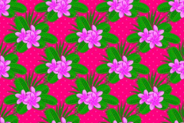 Plumeria çiçekli, mor bir arka planda kusursuz çiçek deseni. Raster illüstrasyonu.