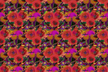 Raster mor, turuncu ve kırmızı güller dikişsiz desen.
