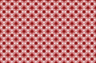 Pembe, kırmızı ve bej renkli yıldız desenleri ve klasik süslemeler. Karmaşık yıldızlı lüks, kusursuz bir desen. Çok renkli dekorasyonlar. Raster pürüzsüz arkaplan.