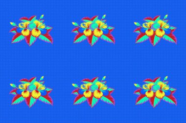 El boyaması. Tropik yaz motifli mavi, mor ve sarı renkli desenler doku, ambalaj kağıdı ve tekstil olarak kullanılabilir. Tropik amber çiçeğinin pürüzsüz deseni, sık orman