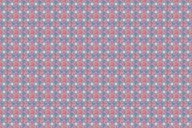 Mavili, sarı ve pembe renklerde, klasik raster çiçekli arka plan. Küçük çiçeklerle basmak. Moda baskıları için hoş, kusursuz bir desen. Ditsy tarzı.