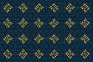 Oryantal raster desenli arabesk ve güler yüzlü çiçek elementleri. Geleneksel klasik süs. Altın ve mavi pürüzsüz desen.