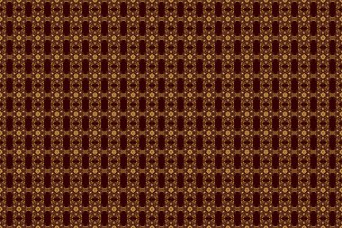 Oryantal raster desenli arabesk ve güler yüzlü çiçek elementleri. Geleneksel klasik süs. Altın ve kahverengi pürüzsüz desen.