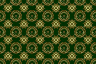Raster kusursuz altın Noel süsü deseni. Yeşil arkaplanda parlak arkaplan çizimi.