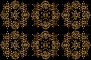 Yatak çarşafları, ceket, paket tasarımı, kumaş ve moda kavramları için doğu tekstil baskısı. Soyut çiçekleri ve siyah arkaplanda yıldızları olan pürüzsüz bir desen..