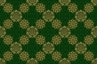 Geometrik, altın elementlerle tekrar eden raster süsü. Yeşil zemin üzerinde kusursuz, soyut modern desen. Yeşil ve altın pürüzsüz desen.