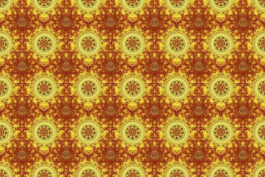 Raster illüstrasyonu. Damask, kırmızı, sarı ve kahverengi renklerde, kusursuz çiçek deseni..