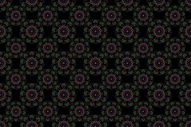 Siyah arka planda Magenta ve yeşil süs. Duvar kâğıdı barok, İspanyol kumaşı. Çiçeksiz desen. Kusursuz arkaplan.