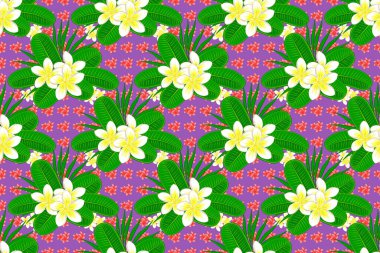 Raster çizimi iç tasarım, baskı, web ve tekstil tasarımı için iyidir. Menekşe arkaplanındaki çiçeklerin pürüzsüz dokusu. Plumeria çiçekleriyle optik yanılsama.