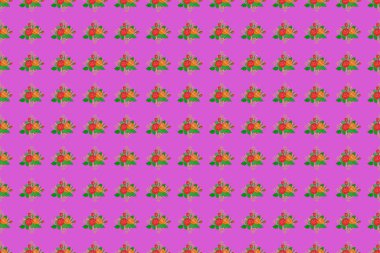 Soyut, turuncu ve mor renkli çiçek desenleri. Parlak güzel gül çiçekleri ve dikişsiz yeşil yapraklar. Raster illüstrasyonu.