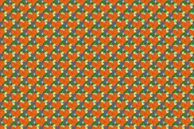 Dekorasyon ve tasarım için güzel bir desen. Gül ve yeşil yapraklı kusursuz desen. Gül çiçekleri ve yapraklarla klasik tarzda zarif bir desen. Mavili, yeşil ve turuncu renkli moda baskı.