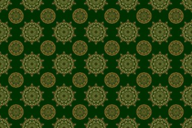 Doodle tarzı Altın Kar Taneleri 'nde kusursuz bir Noel deseni. Kağıt ürünleri, ambalaj, yeşil arkaplan üzerine tekstil.