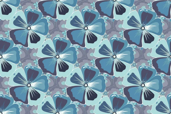 Raster illustration. Seamless pattern with cute cosmos flowers in blue and gray colors.