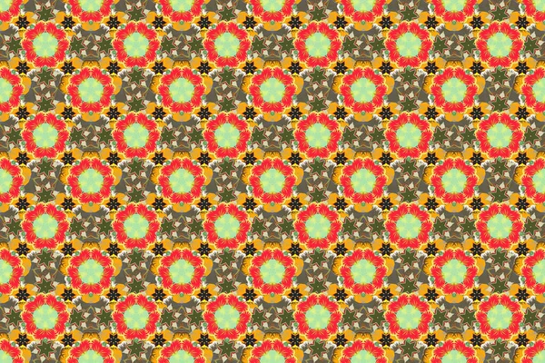 Floral Print. Modern Motley Floral seamless pattern in green, yellow and red colors. Repeating raster Flower Pattern.