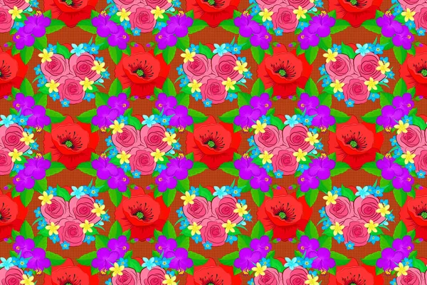 Бесшовный Цветочный Узор Маленькими Абстрактными Розами Зелеными Листьями Оранжевом Красном — стоковое фото