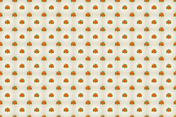 Seamless floral pattern in green, beige and orange colors. Geometric leaf ornament. Graphic modern pattern. Cute raster background. Seamless pattern with rose flowers and green leaves.