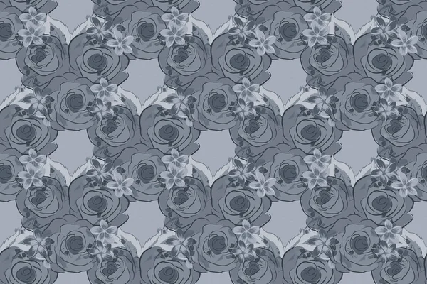 Seamless Pattern Bouquets Green Blue Gray Roses Raster Illustration — Stock Photo, Image