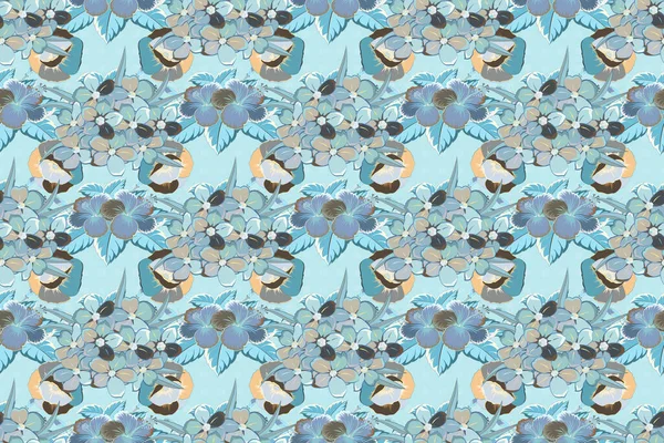 1950年代至1960年代的主题 复古纺织品设计系列 秋天的颜色手绘花卉成分的无缝栅格图案 有遗忘我的丝巾 蓝色和灰色的花朵 — 图库照片