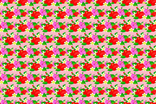 Watercolor hibiscus flowers seamless pattern on a pink background. Raster romantic background for web pages, wedding invitations, textile, wallpaper.