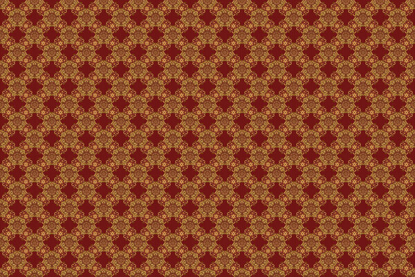 Raster sketch with gold ornament on a red background. Golden seamless pattern.