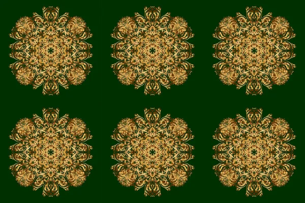 Islamic gold mandala round ornament on green background. Raster architectural muslim texture design. Can be used for brochures invitations, persian motif.