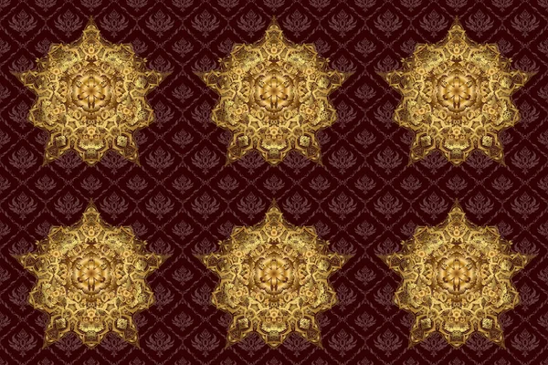 Orient, symmetry lace, fabric, wallpaper. Gold Mandala pattern, Arabic background. Raster East, Islam, Indian, motif, revival swirling. Ethnic texture. Vintage decorative ornament on brown background.