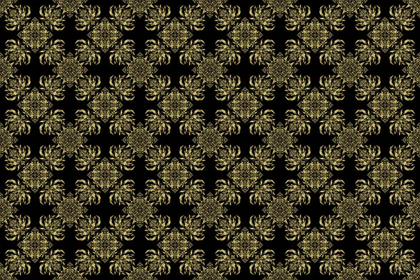 Vintage design in a black and golden colors. Damask elegant wallpaper. Raster seamless pattern on a black background.