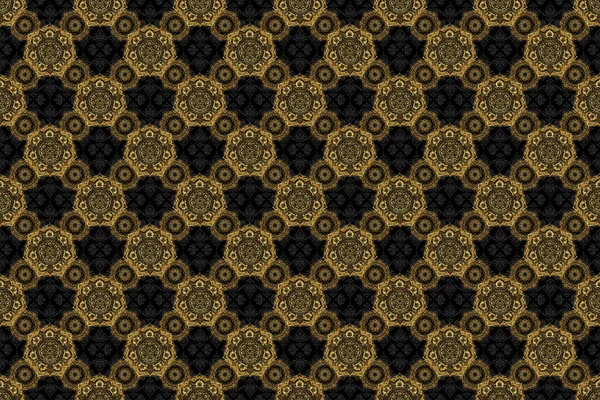 Abstract Raster Seamless Pattern Golden Ornaments Black Backdrop Vintage Design — Stock Photo, Image