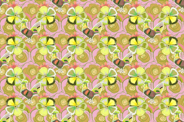 Kosmos Blumen Nahtlose Muster Gelben Rosa Und Grünen Farben Nettes — Stockfoto