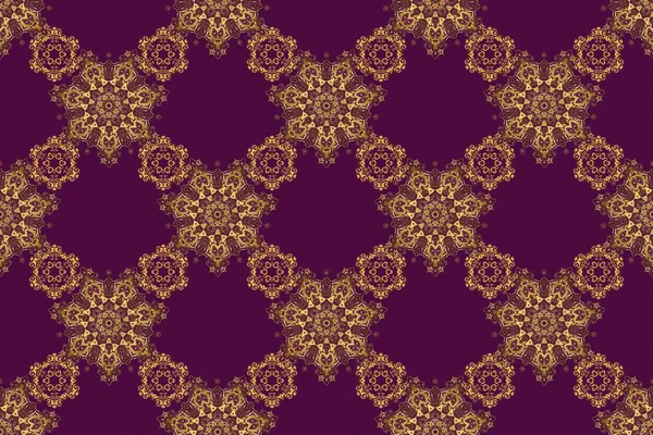 Raster sketch with gold ornament on a purple background. Golden seamless pattern.
