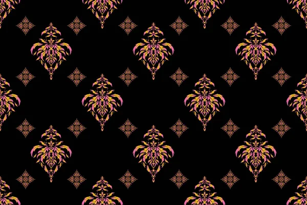 Oriental ornament for textile print. Islamic raster design. Seamless pattern in pink and yellow colors over black backdrop.