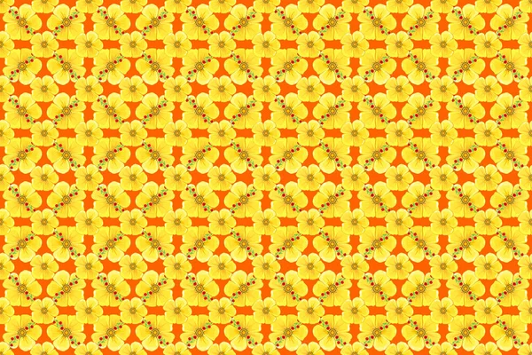 Raster Naadloos Bloemmotief Met Kosmos Bloemen Bladeren Een Oranje Achtergrond — Stockfoto