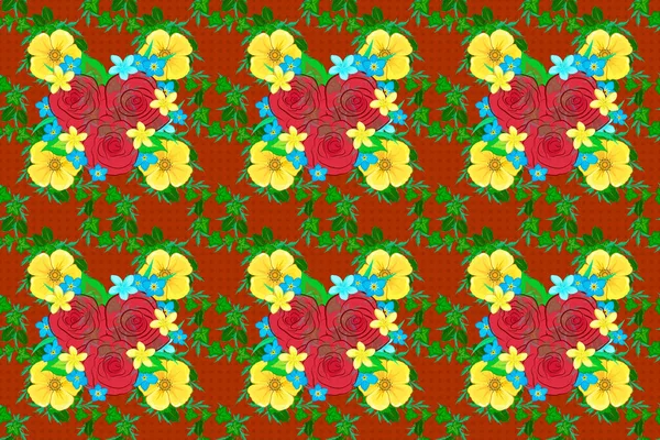 Raster Sömlös Blommönster Med Ros Blommor Och Gröna Blad Gula — Stockfoto