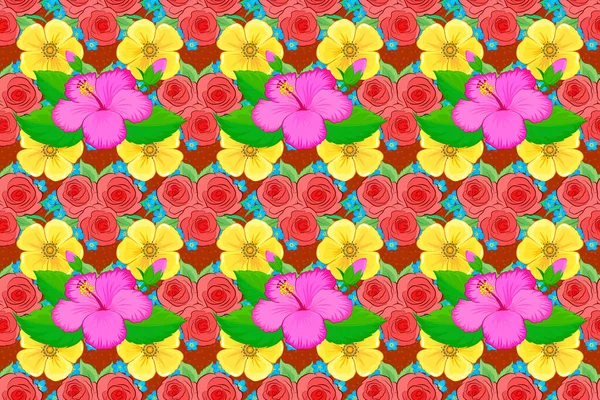 Raster Illustration Spring Paper Abstract Cute Hibiscus Flowers Pink Yellow — Stock Photo, Image