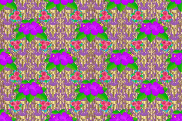 Осенние Цвета Шелковый Шарф Цветками Гибискуса Золотом Фиолетовом Зеленом Цветах — стоковое фото